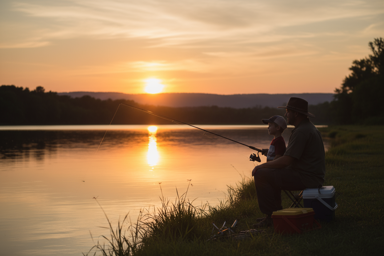 father son on a bank fishing in the sunset