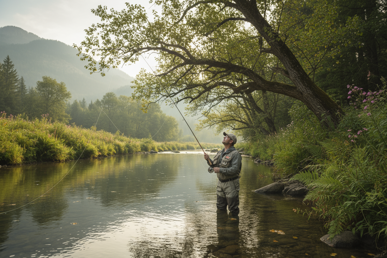 Outdoors, peaceful, serene, fly fisherman with his line stuck in a tree